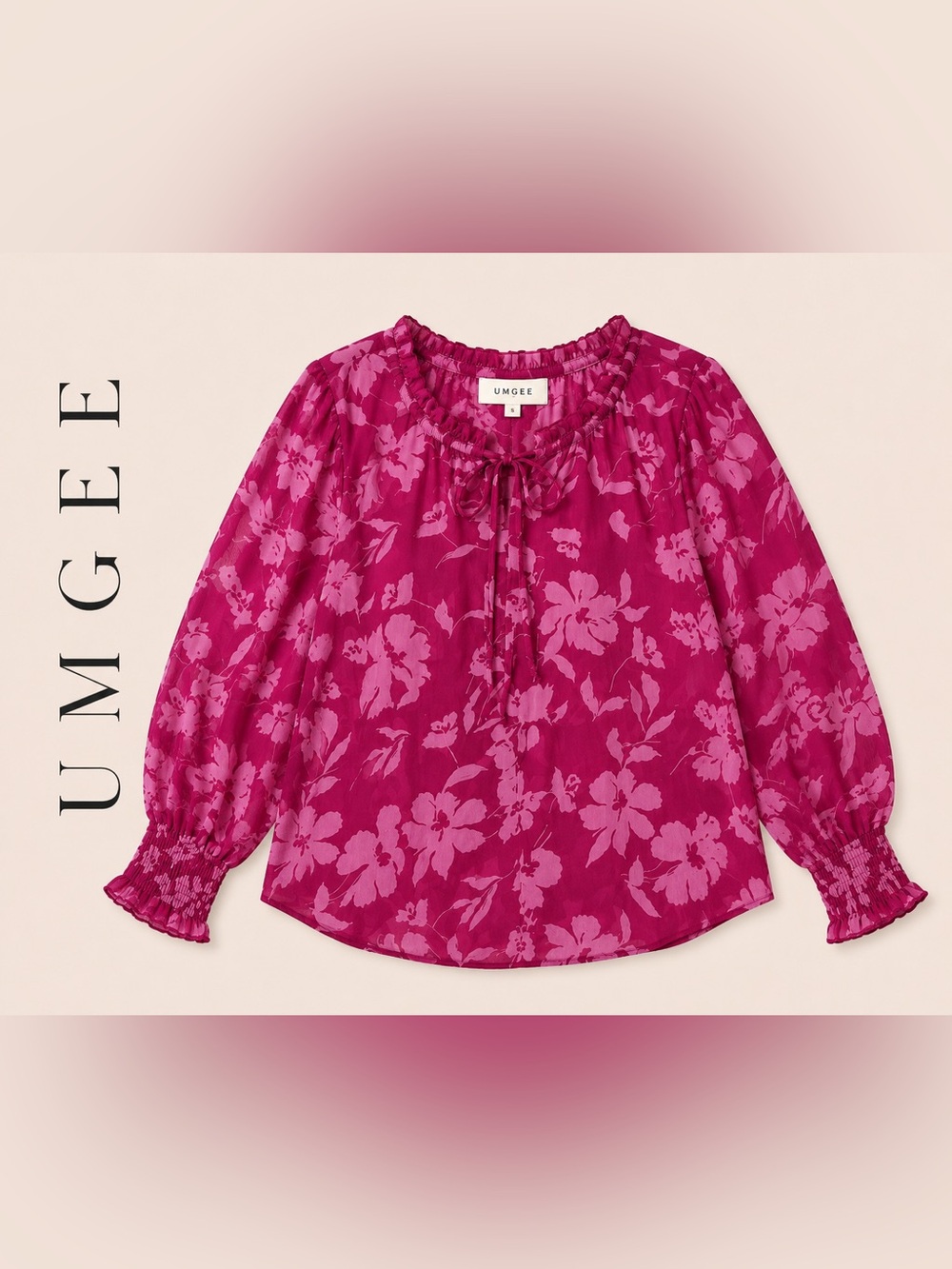 Umgee Pink Floral Peasant Blouse Smocked Cuff Tie Neck Top
